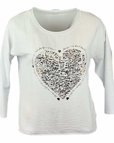 Arany szív mintával díszített elejű,  hátul sima egyszínű pamut anyagból készült, hosszú ujjú, környakú, fiatalos olasz felsőrész- fehér 