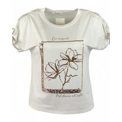   Arany négyzetben, 2 szál arany virággal díszített, viszkóz anyagból készült, lyukas vállú, rövid megkötős ujjú, fiatalos olasz felsőrész- fehér, arany