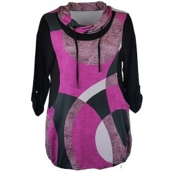   Antónia karcsúsító szabású, hosszított fazonú, 3/4-es ujjú, zsebes, viszkóz anyagból készült, elején absztrakt mintás, körgalléros környakú fiatalos molett lengyel tunika- fekete, pink