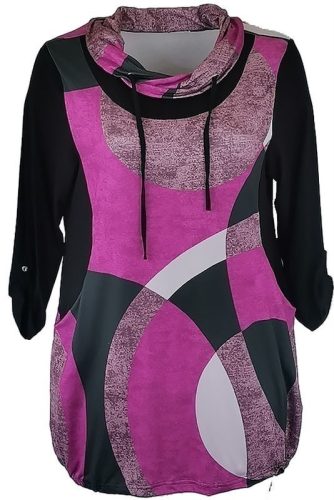 Antónia karcsúsító szabású, hosszított fazonú, 3/4-es ujjú, zsebes, viszkóz anyagból készült, elején absztrakt mintás, körgalléros környakú fiatalos molett lengyel tunika- fekete, pink