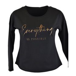   Arany feliratos elejű, hátul sima egyszínű, vastagabb pamut anyagból készült, karcsúsított, hosszú ujjú, környakú, fiatalos olasz felsőrész- fekete