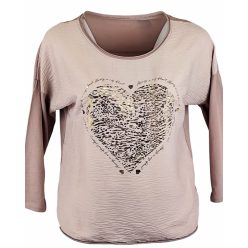   Arany szív mintával díszített elejű,  hátul sima egyszínű pamut anyagból készült, hosszú ujjú, környakú, fiatalos olasz felsőrész- púder szín 