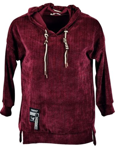 Egyenes fazonú, egyszínű magában mintás zsenília szerű puha anyagból készült, környakú, hosszú ujjú, fiatalos olasz vastagabb anyagú tunika- bordó