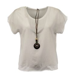   Egyszínű, egyenes csípőre érő fazonú, rövidujjú, környakú, pamut, fiatalos olasz felsőrész, lánccal- fehér