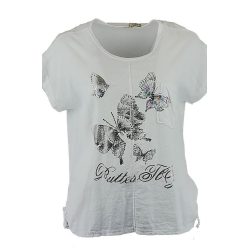   Fényes pillangó mintás, rövidebb egyenes fazonú, egyszínű, oldalt fűzős, környakú, rövidujjú, pamut-len anyagból készült fiatalos olasz tunika- fehér