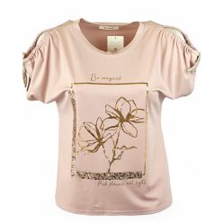   Arany négyzetben, 2 szál arany virággal díszített, viszkóz anyagból készült, lyukas vállú, rövid megkötős ujjú, fiatalos olasz felsőrész- púder szín, arany